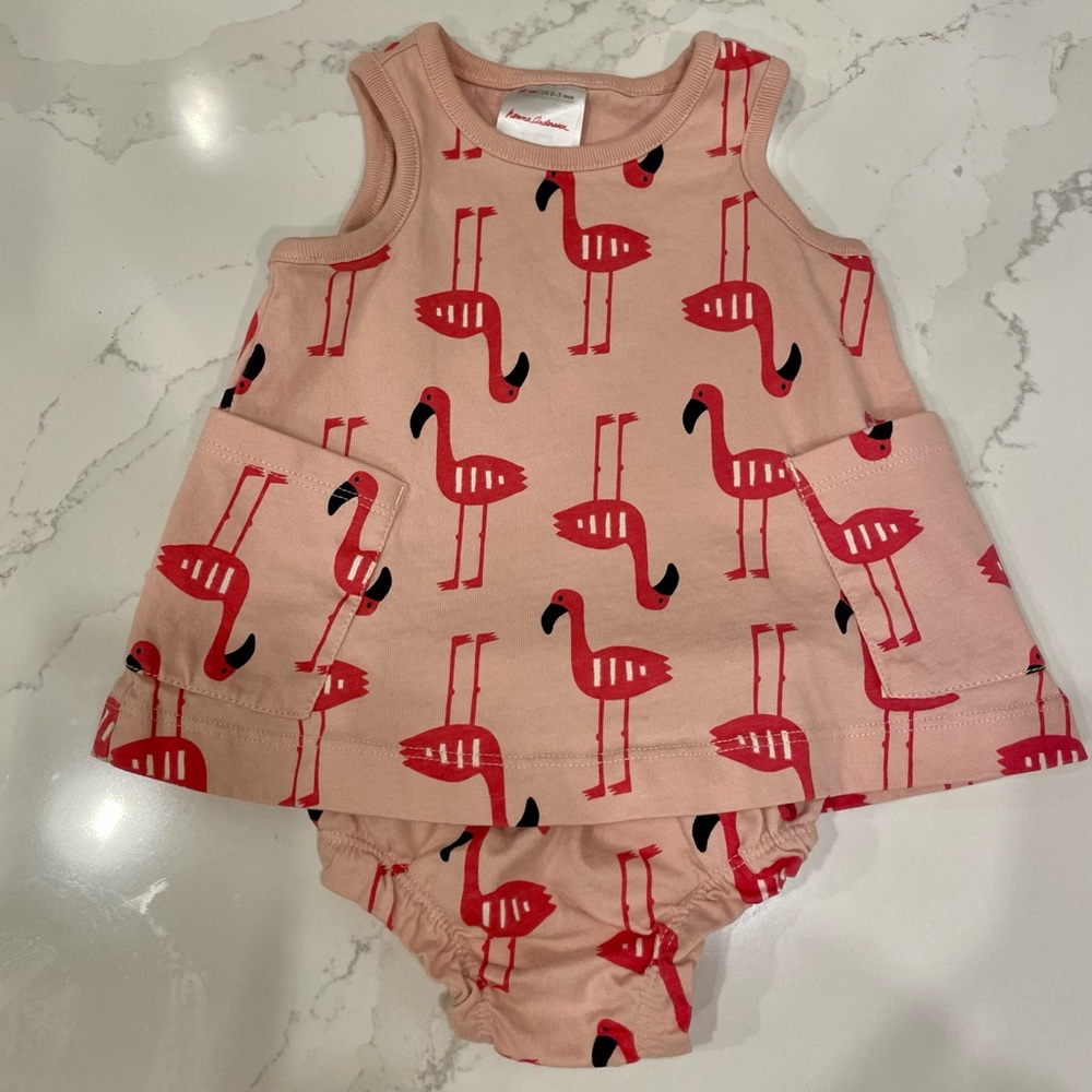 Hanna Andersson 0-3 months flamingo dress and diaper cover EUC